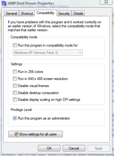 Font Viewer - Windows Vista compatibility settings