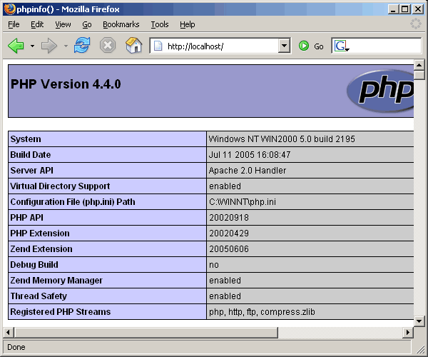 index.php showing PHP information